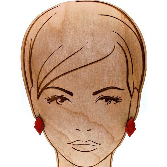 Cast Enamel Bold Stud Earrings, Red and Black Overlapping Diamond Shapes - Picture 3 of 4